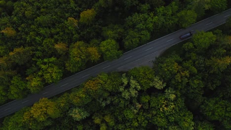 Aerial-top-shot-above-a-street-leading-through-a-forest-while-a-car-is-passing-by-the-diagonal-orientated-road