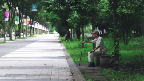 Old-Man-With-A-Walking-Stick-Sitting-And-Resting-On-A-Bench-Under-The-Shade-Of-A-Tree-In-Tokyo,-Japan