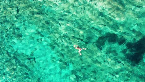 Aerial-top-view-of-a-woman-swimming-in-turquoise-transparent-waters