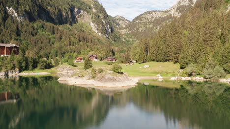 Inspiring-aerial-over-lake-of-beautiful-Swiss-landscape