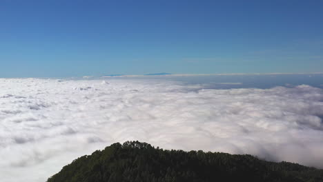 Toma-Aérea-De-Una-Vista-Majestuosa-Desde-El-Pico-De-Teide-En-Las-Islas-Canarias-De-Una-Inversión-De-Nubes-Debajo-De-Las-Montañas-Y-Un-Cielo-Azul-Claro-Arriba