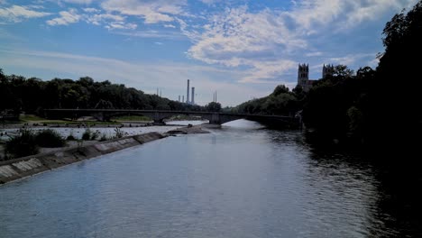 Isar-River-Under-Summer-Sky-Wide-View,-Munich,-Germany