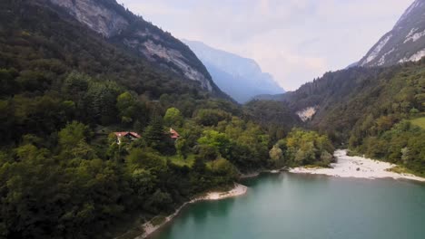 Aerial-View-of-Scenic-Coastline-and-Lush-on-Lago-Di-Trenno,-Trentino-North-Italy