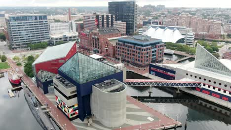 National-Aquarium-at-Baltimore-Inner-Harbor,-aerial-shot-in-summer,-site-of-fish,-dolphins,-sharks,-rainforest-exhibit,-USS-Torsk-Submarine-in-Bay