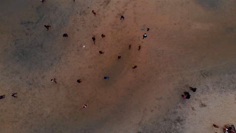 Aerial-top-down-view-of-tourists-enjoying-beach-soccer-during-sunset