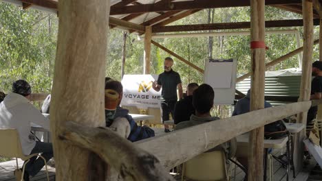 Los-Participantes-Masculinos-Se-Sientan-Y-Escuchan-Al-Profesor-Discutiendo-Temas-Sobre-La-Hombría---Campo-De-Entrenamiento-De-La-Virilidad-En-Queensland,-Australia---Amplia-Toma-En-Cámara-Lenta