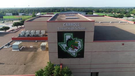 This-is-an-aerial-video-approaching-the-Southlake-Carroll-Senior-High-School-in-Southlake-Texas