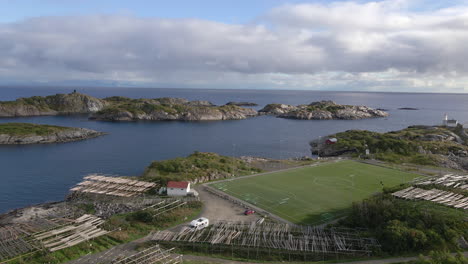 Aerial-shot-of-a-very-special-football-field-in-Lofoten,-Norway