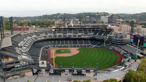 Aerial-truck-shot-of-PNC-Park,-home-of-Pittsburgh-Pirates-Baseball-Team,-MLB-Major-League-World-Series-Champions