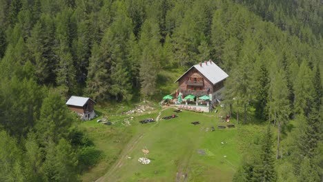 Aerial-View-Of-Dom-Na-Peci-Mountain-Hut-At-Koroska-Nestled-By-Forests