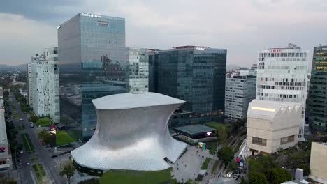 Aerial-view-of-museum-Soumaya-and-museum-Jumex-in-Polanco,-Mexico-City