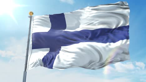 4k-3D-Darstellung-Der-Wehenden-Flagge-Auf-Einer-Stange-Des-Landes-Finnland