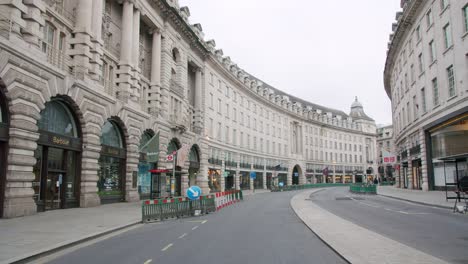 Lockdown-in-London,-slow-motion-gimbal-walk-through-completely-empty-beautiful-Regent-Street,-during-2020's-COVID-19-pandemic