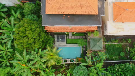Luftaufnahme-Von-Oben-Nach-Unten,-Die-Sich-Hoch-über-Einem-Atemberaubenden-Herrenhaus-Mit-Pool-Und-Einem-Riesigen-Tropischen-Garten-In-Ubud,-Bali,-Indosnesien-Erhebt