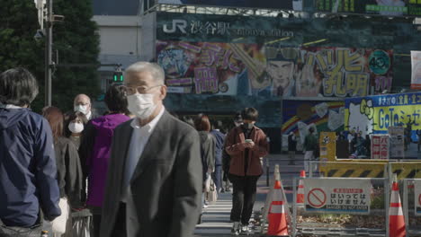 Locals-Wearing-Face-Mask-During-Second-Wave-Of-Coronavirus-In-Shibuya-Crossing,-Tokyo,-Japan