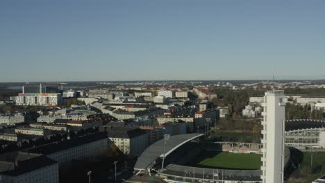 Drone-view-of-Bolt-Arena-football-stadium-in-Helsinki,-Finland