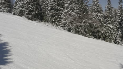 Ribnica-One-Track-Im-Skigebiet-Kope-Mit-Absteigender-Familie-Von-Skifahrern,-Schwebeflug-Aus-Der-Luft
