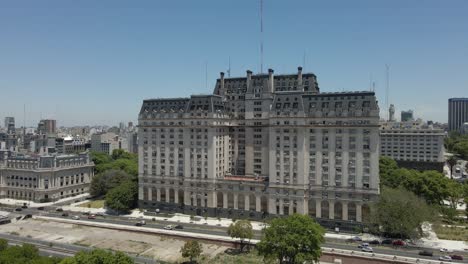 Scenic-View-Of-Libertador-Building-Facade-In-Azopardo-Near-Puerto-Madero-In-Buenos-Aires,-Argentina---aerial-wide-shot