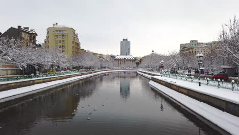 Cityscape-view-across-Dambovita-river-city-of-Bucharest-in-winter-season-Romania