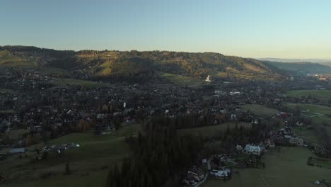 Aerial-at-rural-town-of-Zakopane-in-Poland-during-early-sunrise
