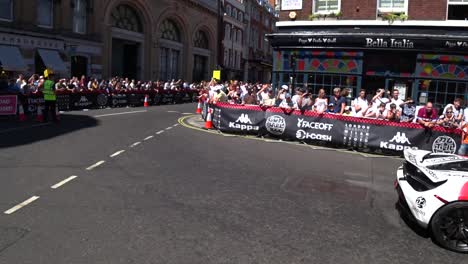 Static-shot-showing-driving-british-Lamborghini-on-Gumball-3000-automobile-rally-in-London-during-sunny-day