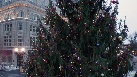 Rising-aerial-of-large-decorated-Christmas-tree-in-downtown-Lancaster-PA-USA