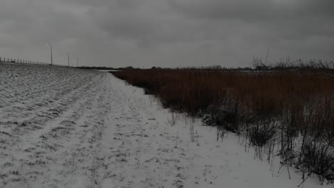 Snow-Covered-Road-Beside-Grass-Field-On-A-Gloomy-Winter-Day---moving-medium-shot
