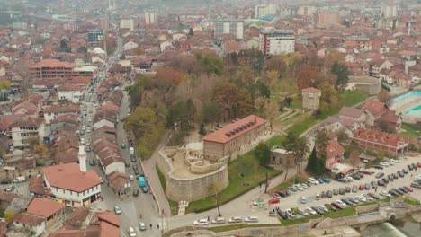Aerial-view-of-city-Novi-Pazar,-Serbia-on-an-overcast-day
