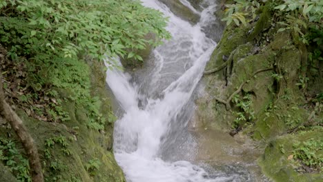 Langsamer-Schwenk-Nach-Oben-Schnell-Strömender-Wasserfall-Mit-Bemoosten-Felsen-Und-Pflanzen,-Die-Beiseite-Liegen
