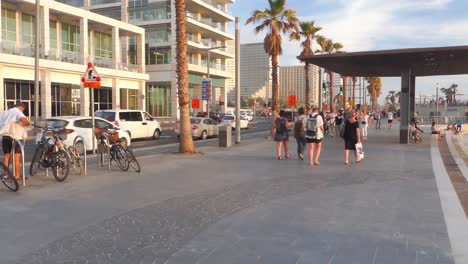 People-walking-on-street-on-a-pathway-located-near-sea-beach