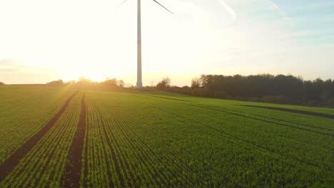 drone-flight-over-green-fields-with-wind-turbines-into-the-sunrise