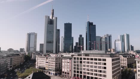 Static-shot-of-Frankfurt-Skyline-Skyscraper-aerial-bank-office-Buildings-Panorama-view,-Frankfurt,-Hessen,-Germany