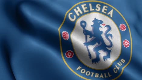 Bucle-De-Primer-Plano-Animado-De-4k-De-Una-Bandera-Ondeante-Del-Equipo-De-Chelsea-De-Fútbol-De-La-Liga-Premier-En-El-Reino-Unido