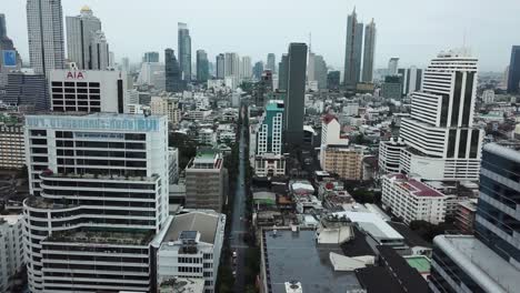 Bangkok,-Thailand,-Silom-Business-District,-Aerial-View-of-Asian-Matropolis-on-Moody-Cloudy-Day