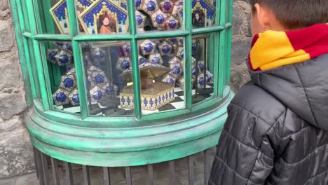 Boy-waving-an-interactive-wand-and-experiencing-magic-at-The-Wizarding-World-of-Harry-Potter-attraction-at-Universal-Studios-Hollywood,-a-major-tourist-attraction-for-Harry-Potter-fans-worldwide