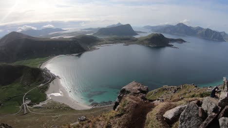 Beautiful-view-over-Haukland-beach-from-mountain-Mannen-in-Lofoten,-Norway
