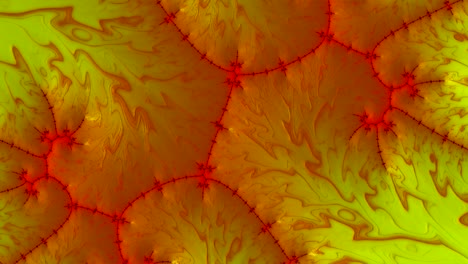 Spinnende-Rote-Gelbe-Narbe-Auf-Wechselndem-Neonhintergrund,-Fraktale-Grafik