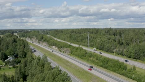 Expansive-aerial-view-of-a-motorway-in-the-countryside-of-Kerava,-Finland