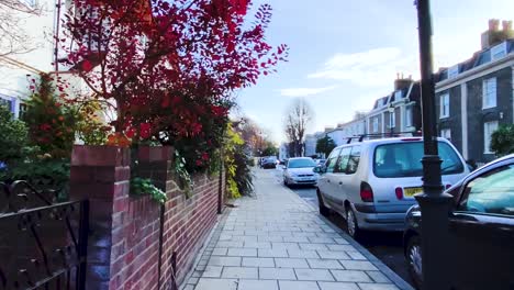 Paseando-Por-La-Acera-En-Stockwell,-Londres,-Con-Hermosas-Plantas-Y-Casas,-Autos-Estacionados-En-La-Carretera---Dolly-Shot