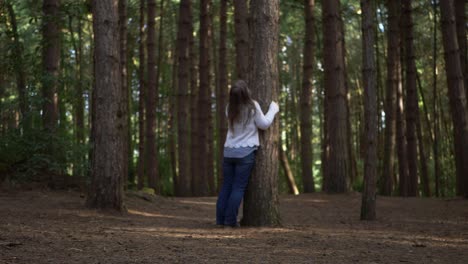 Woman-hugging-tree-and-looking-up-in-pine-forest-wide-shot
