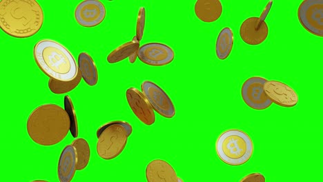 Bitcoins-Están-Cayendo-Sobre-Un-Fondo-Verde-Con-Mate-Alfa