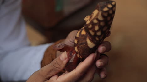 Indigenous-volunteer-nurse-inspects-a-traditional-children's-toy-sculpted-from-wood