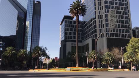 Roundabout-of-the-Palm-with-Orange-Marigold-Decoration-without-Traffic-and-with-the-Stock-Exchange-of-Mexico's-and-Mapfre´s-Buildings-in-the-Background