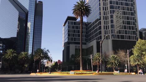 Rotonda-De-La-Palma-Con-Decoración-De-Caléndula-Naranja-Sin-Tráfico-Y-Con-Los-Edificios-De-La-Bolsa-De-México-Y-Mapfre-Al-Fondo