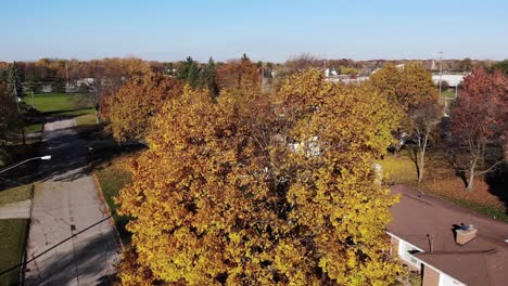 A-rising-autumn-aerial-establishing-shot-of-a-typical-middle-class-Michigan-residential-neighborhood