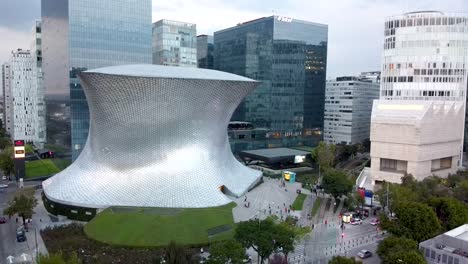 Aerial-view-of-museum-Soumaya-and-museum-Jumex-in-Polanco,-Mexico-City