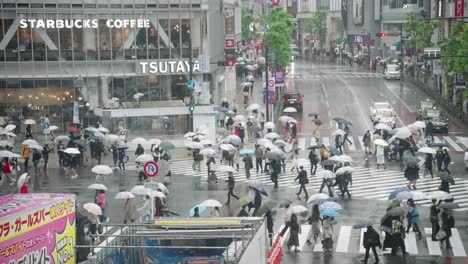 Starbucks-Coffee-Shop-Overlooking-The-People-Holding-Umbrellas-At-The-Shibuya-Crossing-On-A-Rainy-Day-In-Tokyo,-Japan