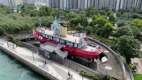 Hong-Kong-waterfront-decommissioned-Fireboat-museum-and-exhibition-gallery-named-after-Alexander-Grantham,-Aerial-view