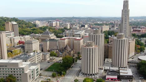 El-Retroceso-Aéreo-Revela-La-Quinta-Avenida-En-La-Universidad-De-Pittsburgh,-El-Campus-De-Pitt-Y-La-Catedral-Del-Aprendizaje