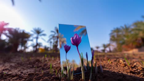 Saffron-Flower-Early-Morning-on-Land-of-Persia-in-Iran-Desert-Village-of-Qaen-Esfahk-with-the-Landscape-of-Date-Palm-Tree-Gardens-and-Blue-Sky-in-Autumn